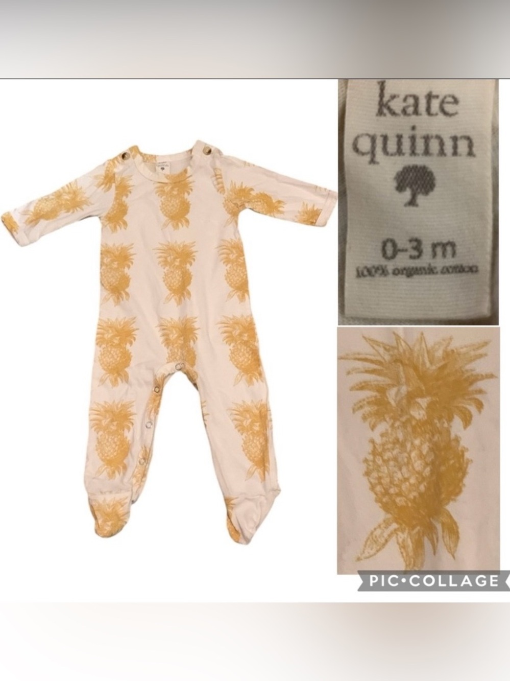 Kate Quinn Pineapple Footie Pajamas Organic Cotton Snaps Buttons 0-3 Months